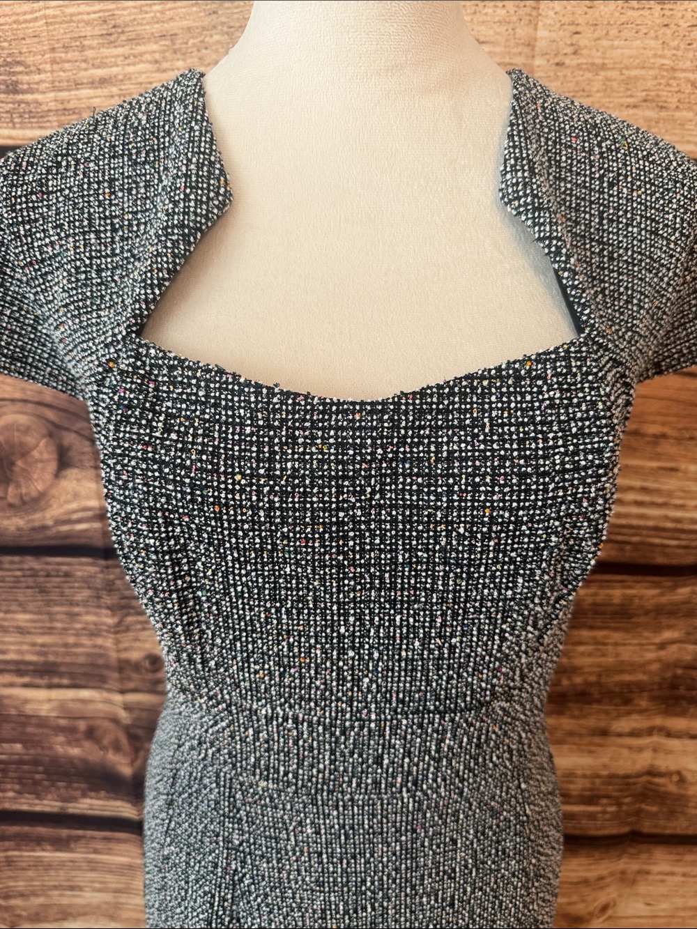 Grace Karin Black and White Tweed Square-Neck Midi Dress - Picture 3 of 6